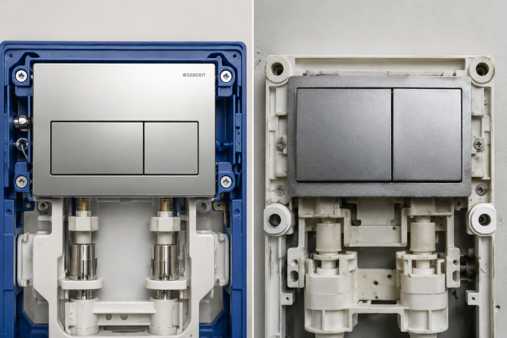 Close-up comparison of two flush plate mechanisms side by side, contrasting a precisely engineered premium mechanism with a rougher generic finish, highlighting differences in build quality and craftsmanship.
