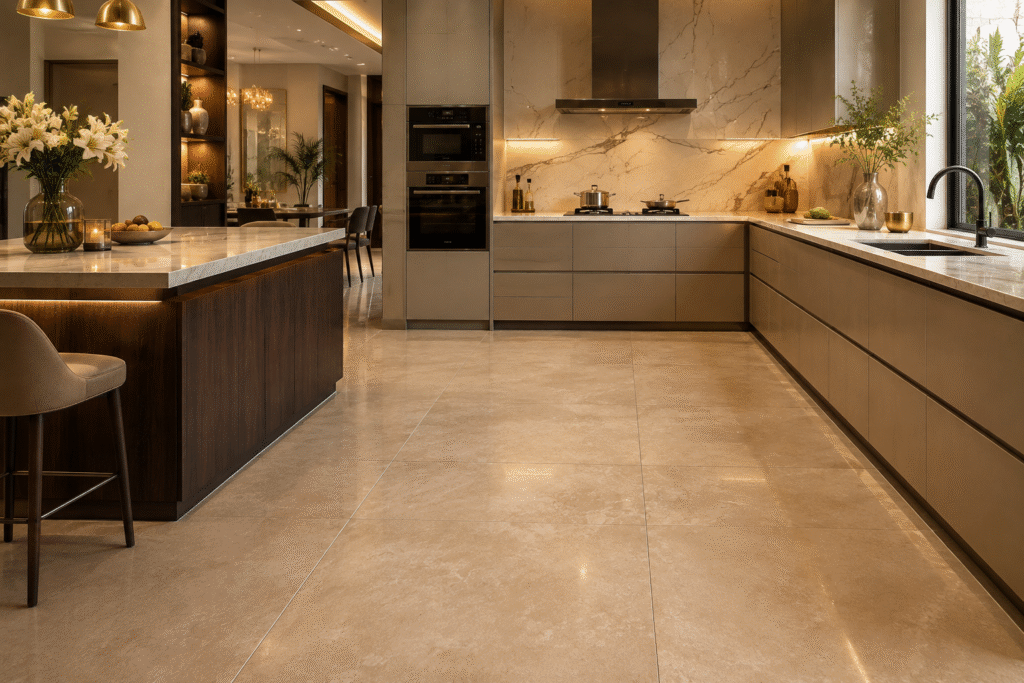 A luxurious contemporary kitchen with warm beige matte porcelain floor tiles, a large marble-topped island with dark wood cabinetry, and a marble-look backsplash extending behind the cooktop. Soft natural daylight pours in through a large window, complemented by elegant pendant lighting and under-cabinet illumination. Minimal décor includes fresh flowers, a bowl of fruit, and stainless steel cookware, creating a sophisticated, high-end architectural interior with clean lines and an inviting atmosphere.