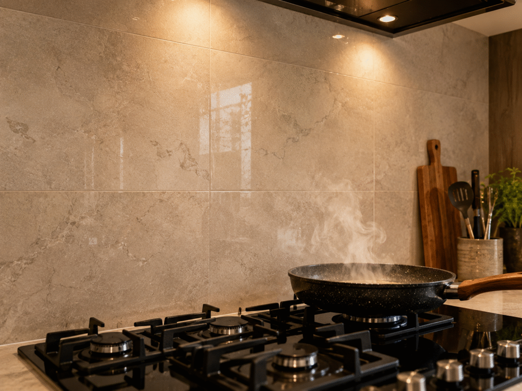 Close-up of a modern gas stove with a heat-resistant porcelain tile backsplash, showing subtle reflections under warm kitchen lighting. Steam rises from a cooking pan while the durable marble-look porcelain tiles remain clean and free from discoloration, highlighting their heat resistance, easy maintenance, and premium finish for contemporary kitchens.