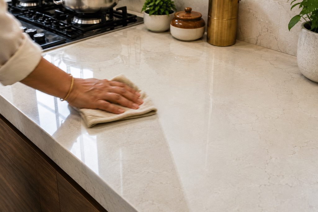 Hand wiping a modern porcelain kitchen countertop with a soft cloth, demonstrating easy stain removal and effortless cleaning. The premium marble-look porcelain surface appears spotless, glossy, and hygienic under natural light, highlighting its low-maintenance, durable, and stain-resistant finish for contemporary kitchens.