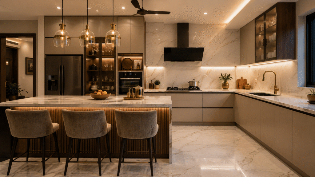 A stylish modern Indian kitchen with large-format marble-look porcelain flooring that continues into a matching backsplash. The space features a central island with three upholstered bar stools, glass pendant lights, warm brass fixtures, sleek cabinetry, integrated appliances, and soft ambient lighting, creating a luxurious and inviting atmosphere.