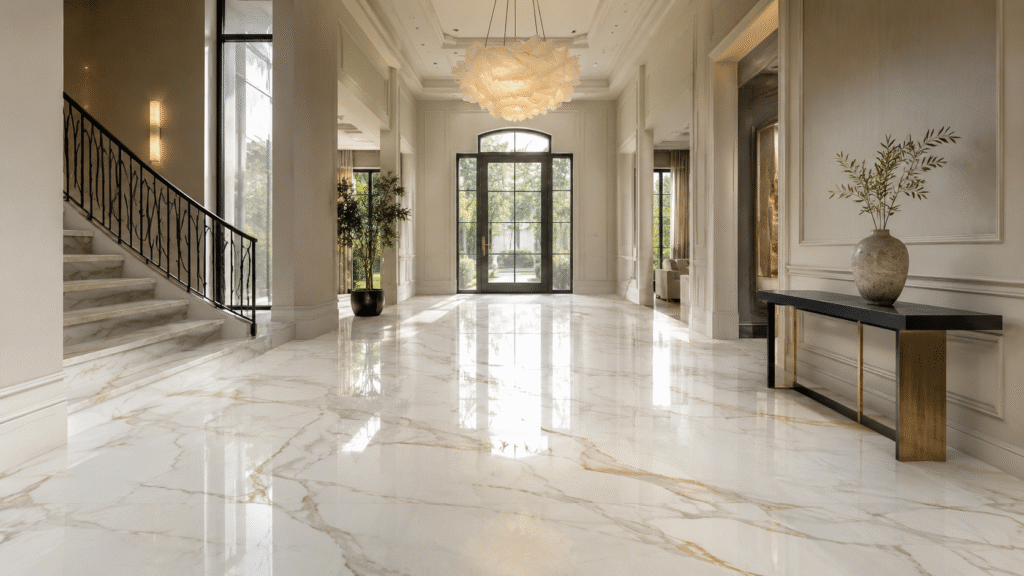 Luxury villa foyer with marble-look porcelain flooring, grey-gold veining, pendant light, and modern elegant interior