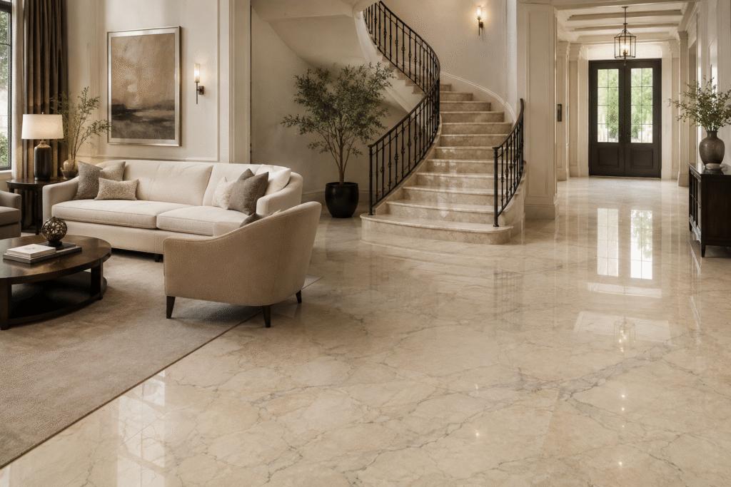 Luxury villa living room with beige marble-look porcelain flooring, curved staircase, and elegant modern interiors.