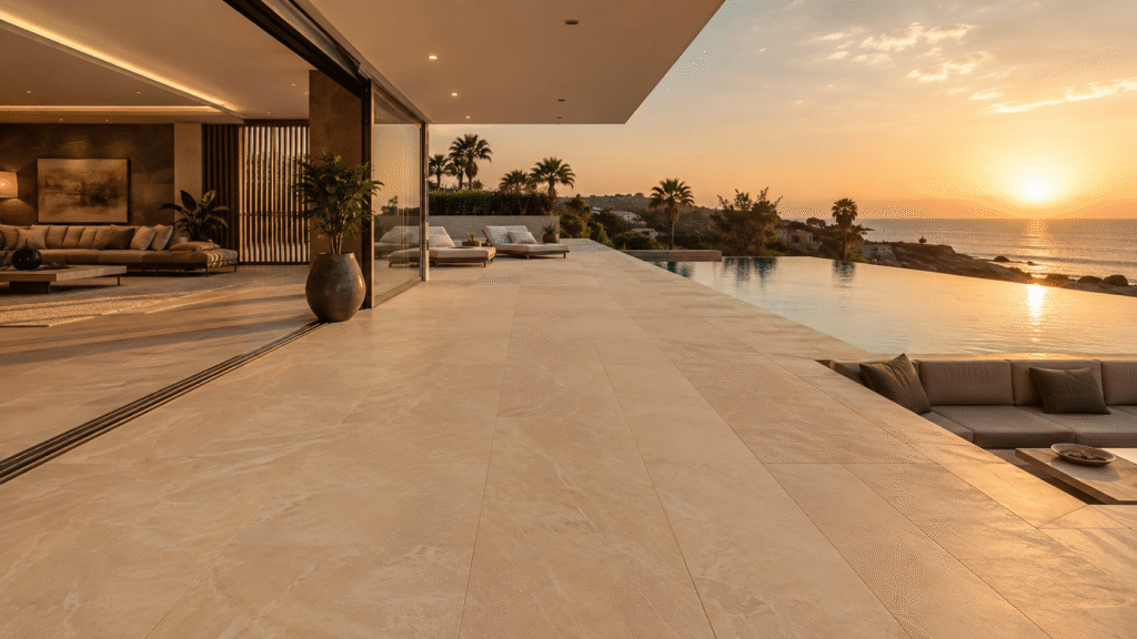 Luxury villa with infinity pool, warm sand porcelain slabs, seamless indoor-outdoor flooring, modern pool deck, premium outdoor tiles, contemporary architecture