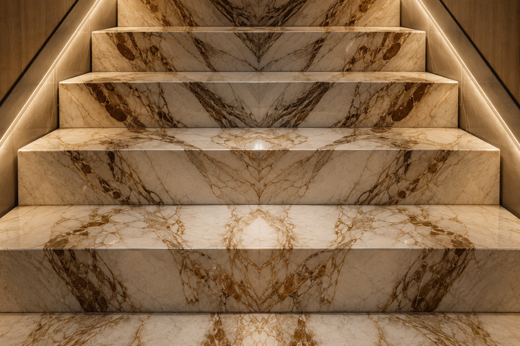 Close-up of a book-matched natural marble staircase with mirrored veining, warm lighting, and luxury architectural detail.