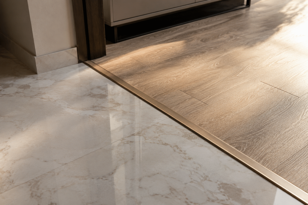 Marble to wood tile transition, porcelain flooring threshold, metal transition strip, seamless floor detail, modern interior flooring, architectural tile design.