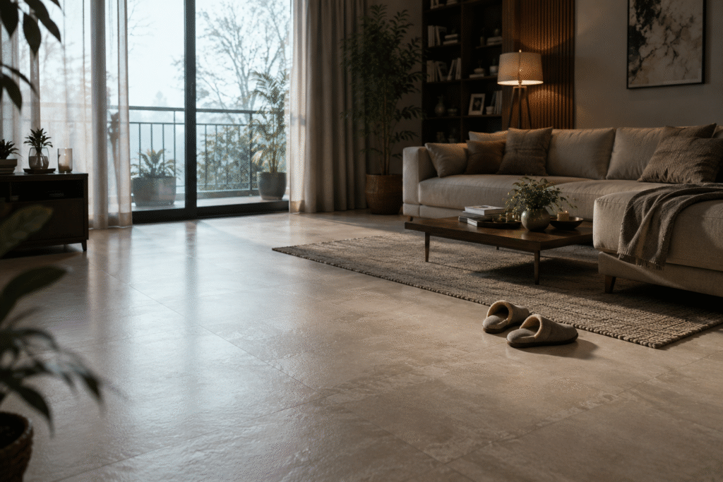 Modern Indian living room with stone-look porcelain flooring, slippers on a rug, and cool winter morning light through large windows.