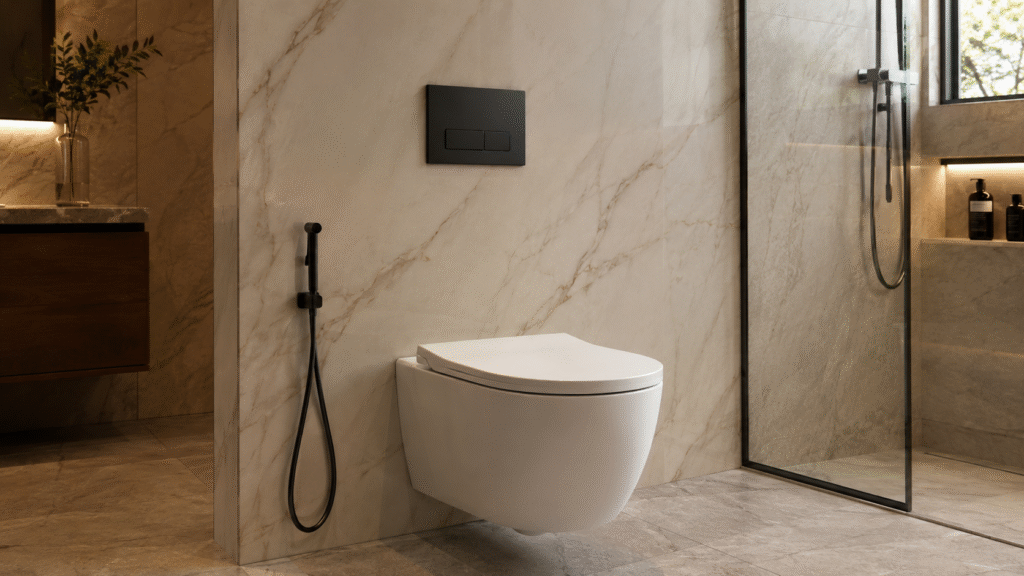 Modern luxury bathroom with a wall-hung white toilet, matte-black flush plate, and marble-look porcelain wall, illuminated by soft natural daylight