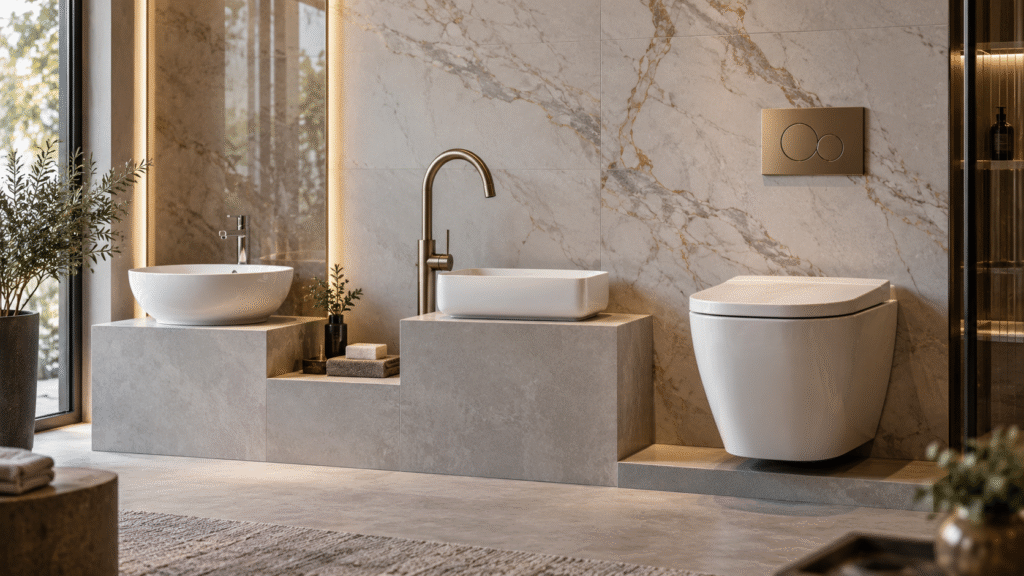 Luxury bathroom interior with tiered bathroom fixtures, including basins, faucets, and a premium designer toilet, against a marble-look porcelain wall in warm neutral tones.