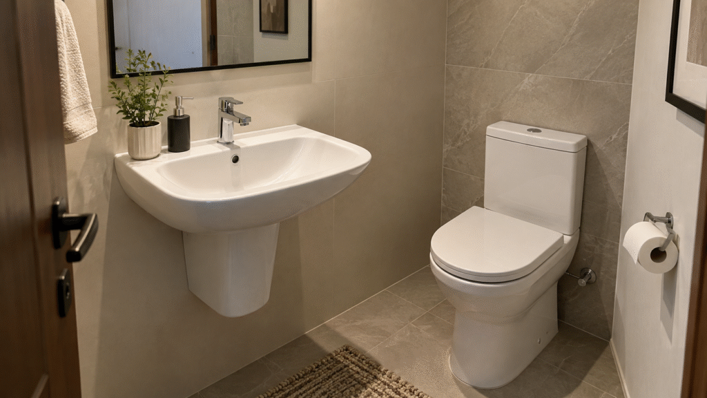 A clean, compact guest bathroom with a white basin, chrome faucet, modern toilet, neutral stone-look tiles, and simple minimal décor.