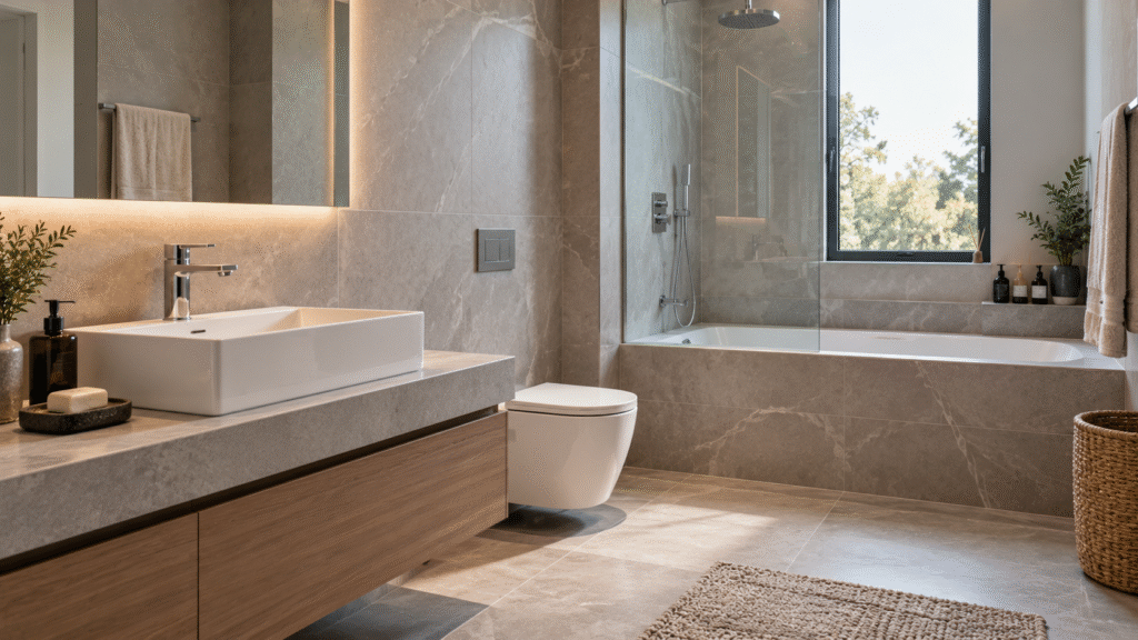 Contemporary family bathroom with a modern basin and chrome faucet, large-format marble-look tiles, wood vanity, glass-enclosed bathtub, and soft natural daylight.
