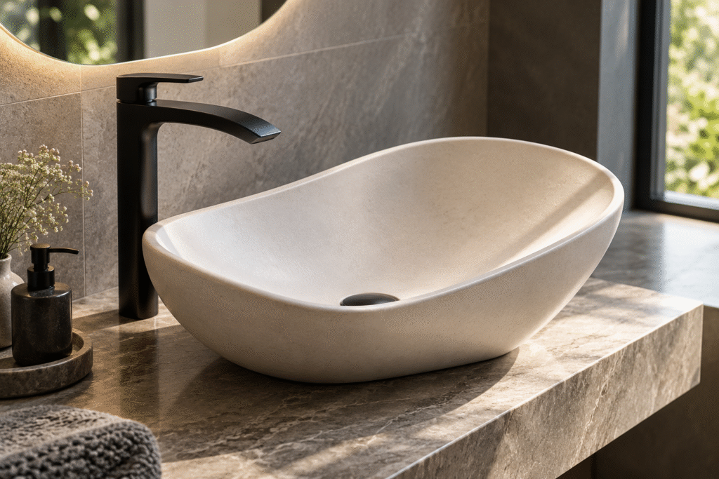 Sculptural white designer basin with a distinctive curved silhouette, paired with a premium matte-black faucet on a stone countertop in soft natural daylight.