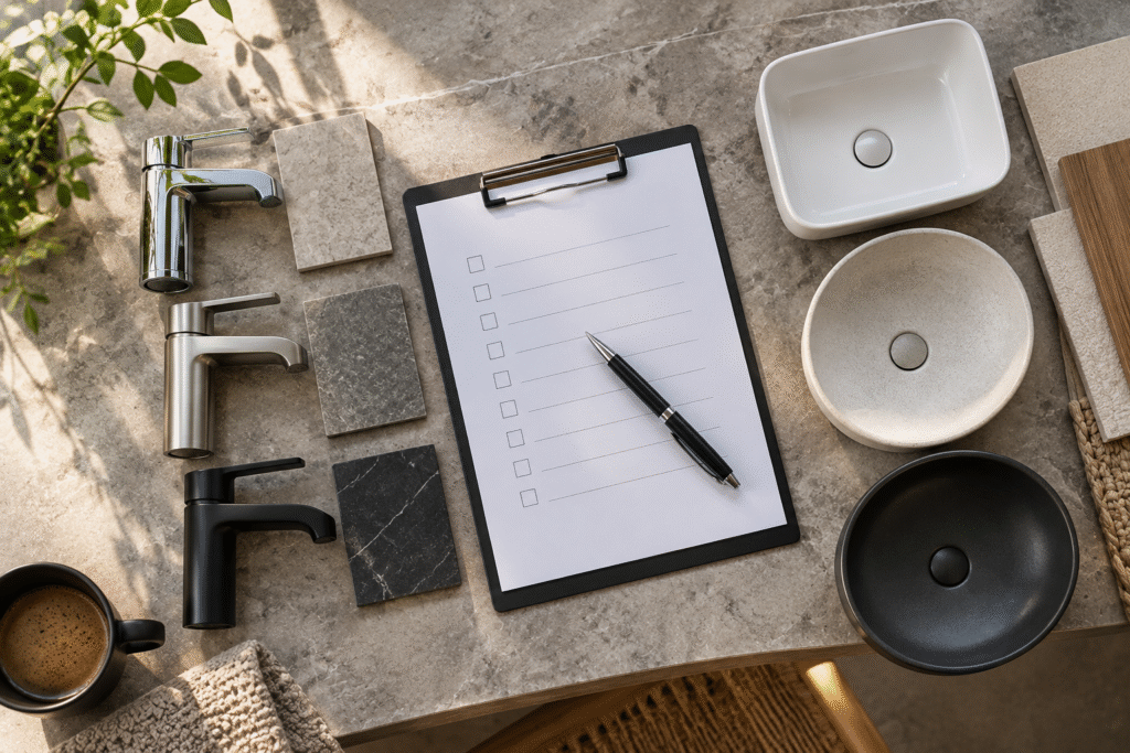 Overhead flat-lay of a bathroom fixture selection checklist with chrome, brushed-metal, and matte-black faucets, basin samples, stone tiles, and a pen arranged on a marble surface in soft natural light.