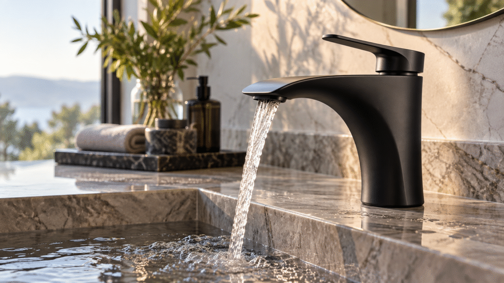 Close-up of a sculptural matte-black faucet pouring water over a marble-look porcelain countertop in a luxurious bathroom, illuminated by soft natural daylight.