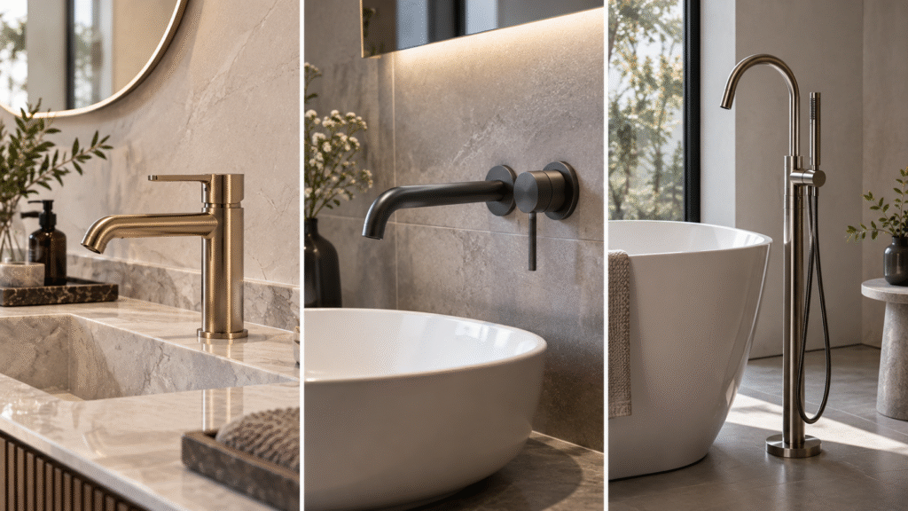 Three bathroom faucet mounting styles shown in a triptych: a deck-mounted faucet on a countertop, a wall-mounted faucet above a basin, and a floor-mounted faucet beside a freestanding bathtub, in neutral tones and soft natural lighting.