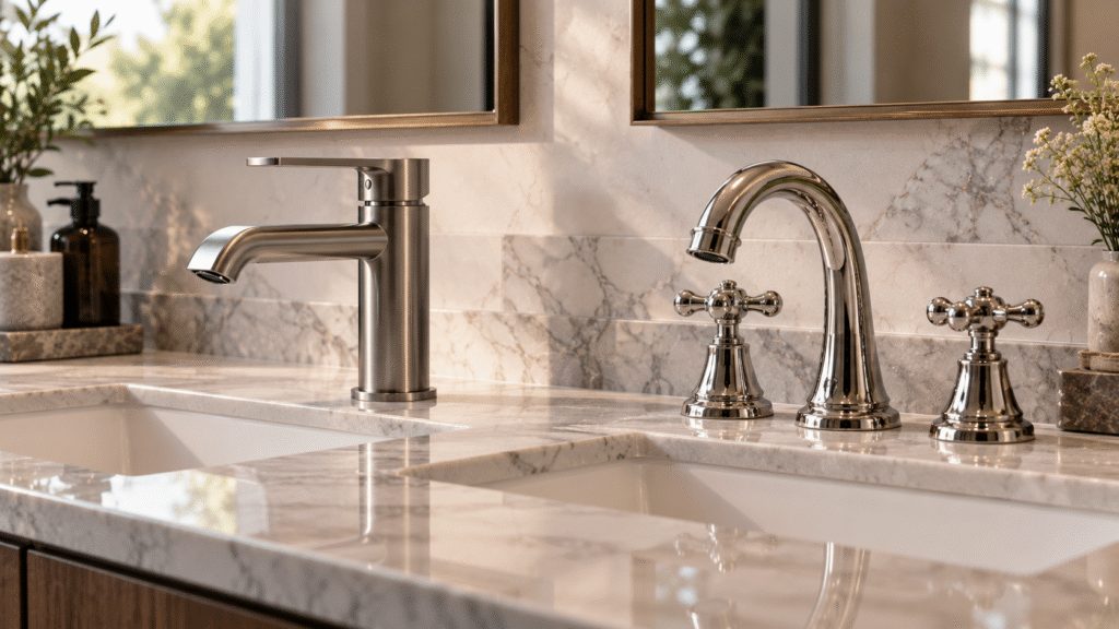 Two bathroom faucets displayed side by side on a marble-look countertop: a sleek single-lever faucet and a classic dual-handle faucet, with soft natural lighting highlighting their contrasting designs and mechanisms.