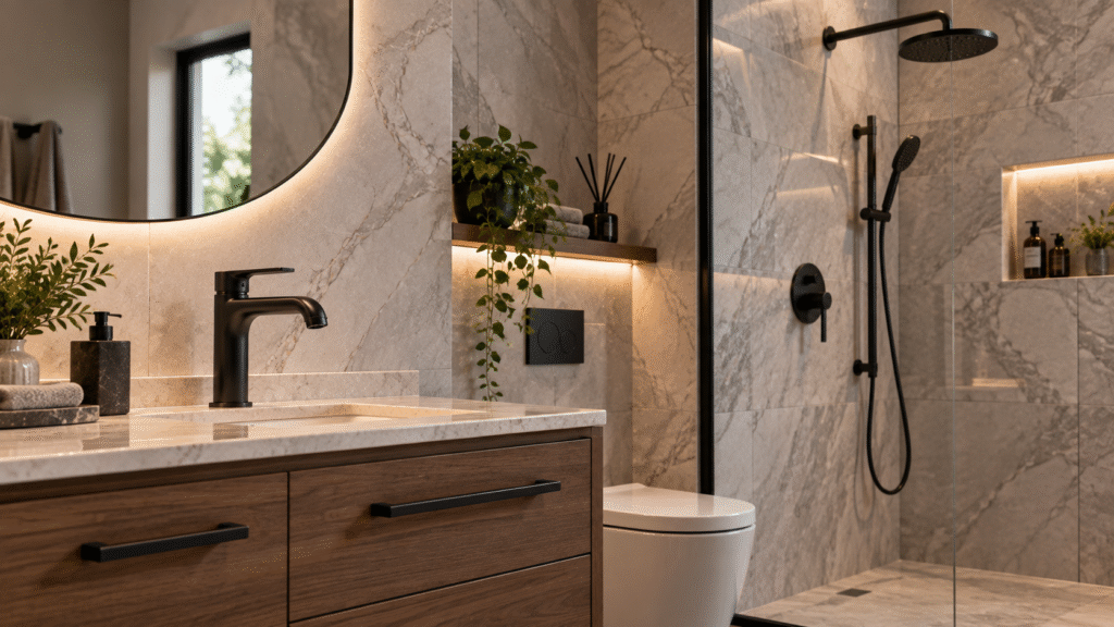 Modern bathroom vignette featuring a matte-black faucet, matching cabinet handles, and coordinated black shower fixtures against marble-look tile walls, with warm lighting and elegant wood cabinetry.