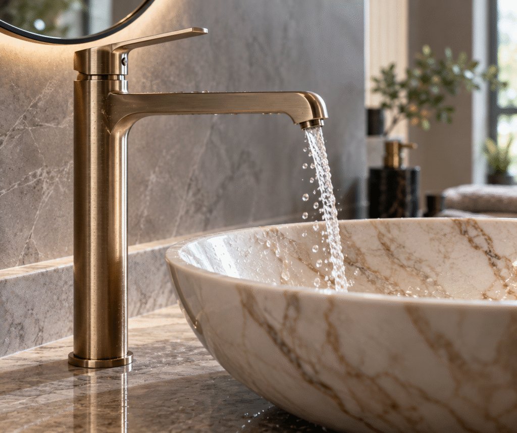 Close-up of a tall brushed-gold faucet pouring water into a marble vessel basin, highlighting faucet height, spout reach, and basin positioning.