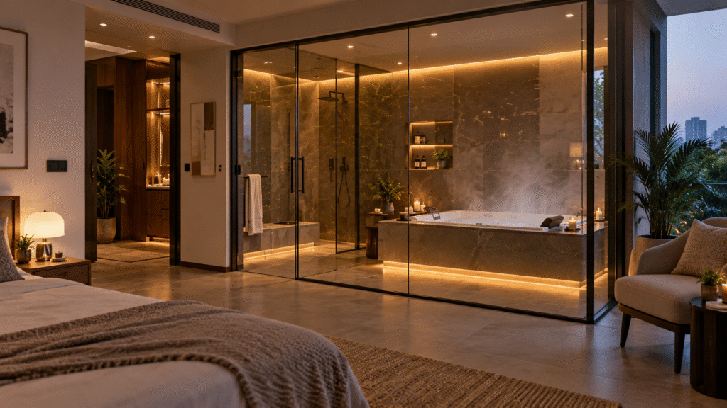 Modern Indian home interior with a glass-enclosed bathroom wellness corner, warm ambient lighting, soft steam, natural stone finishes, minimalist decor, and a serene luxury spa-inspired atmosphere.