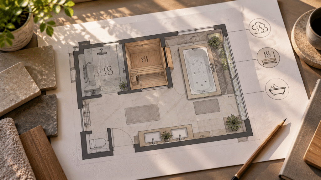 Bathroom floor plan sketch with steam shower, sauna, and bathtub icons, surrounded by material samples and a pencil on a designer’s workspace, illuminated by soft natural window light.