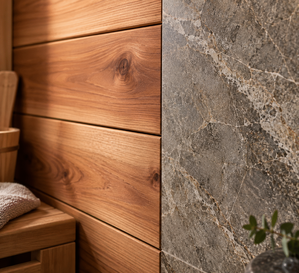 Close-up of cedar wood sauna paneling beside a natural stone tile sample, highlighting contrasting wood grain and stone texture under soft directional lighting.