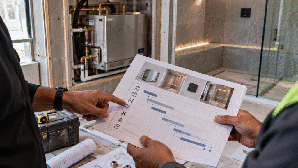 Close-up of workers reviewing a steam shower installation timeline with a steam generator unit, exposed piping, tools, and unfinished bathroom construction visible in the background.