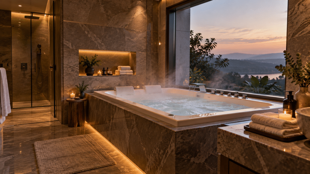 Luxury bathroom with jacuzzi-style spa bathtub near a large window, warm dim lighting, natural stone tiles, gentle steam, folded towels, and candle creating a calm, restorative spa atmosphere.