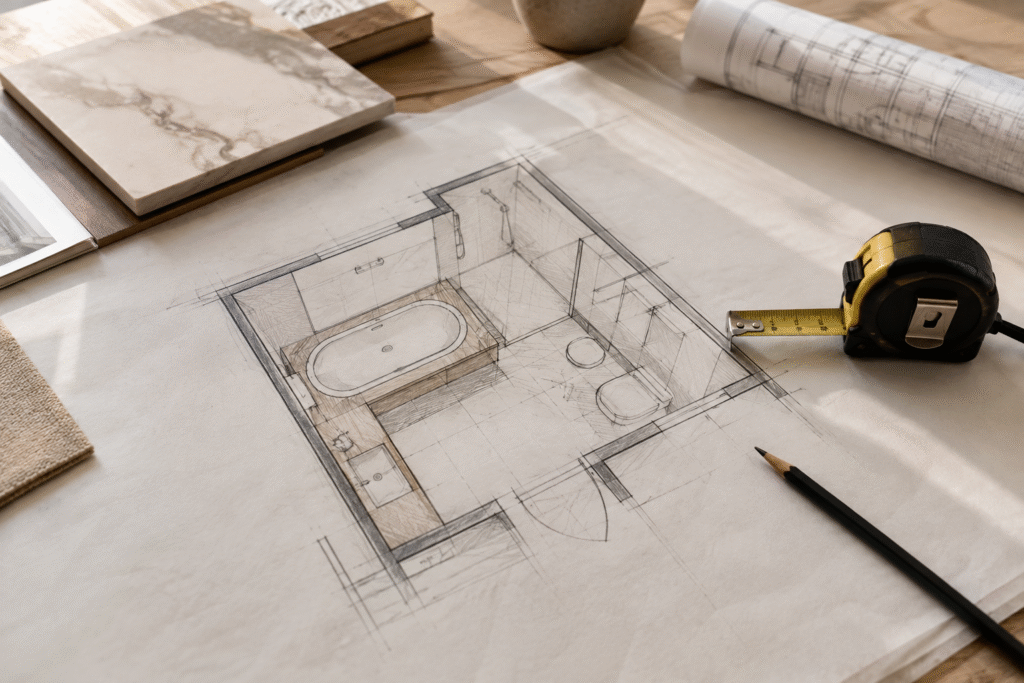 Architect’s desk featuring a hand-drawn bathroom floor plan, measuring tape, pencil, tile samples, and a rolled blueprint, illuminated by soft natural light in warm neutral tones.