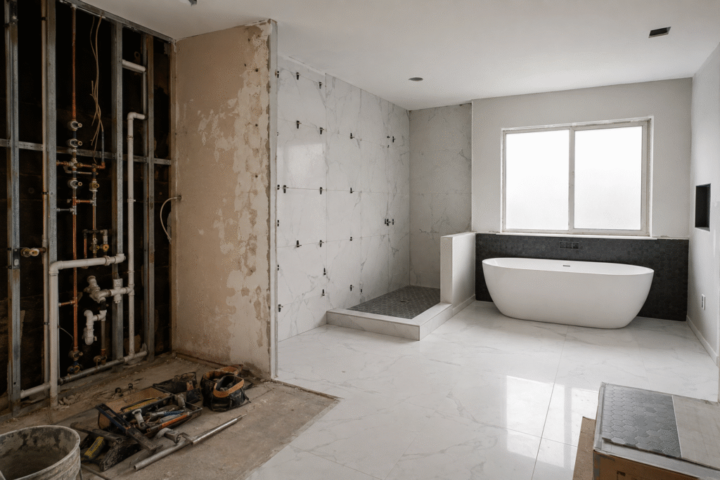 Wide-angle view of a bathroom renovation showing exposed plumbing and construction tools on the left, a partially tiled shower area in the center, and a nearly finished section with marble-look flooring and a freestanding bathtub on the right.