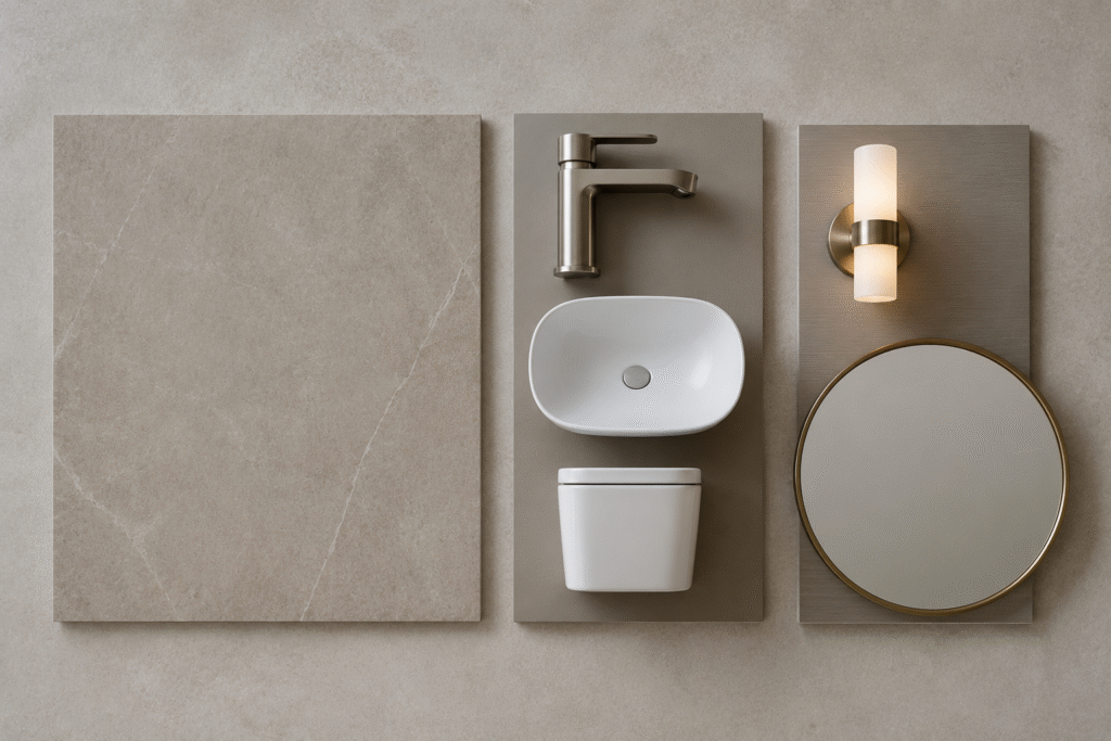 Flat-lay of curated bathroom material samples arranged in three sections: large-format marble-look tile, a brass faucet with white sanitaryware, and a wall light paired with a round mirror, photographed in soft neutral studio lighting.