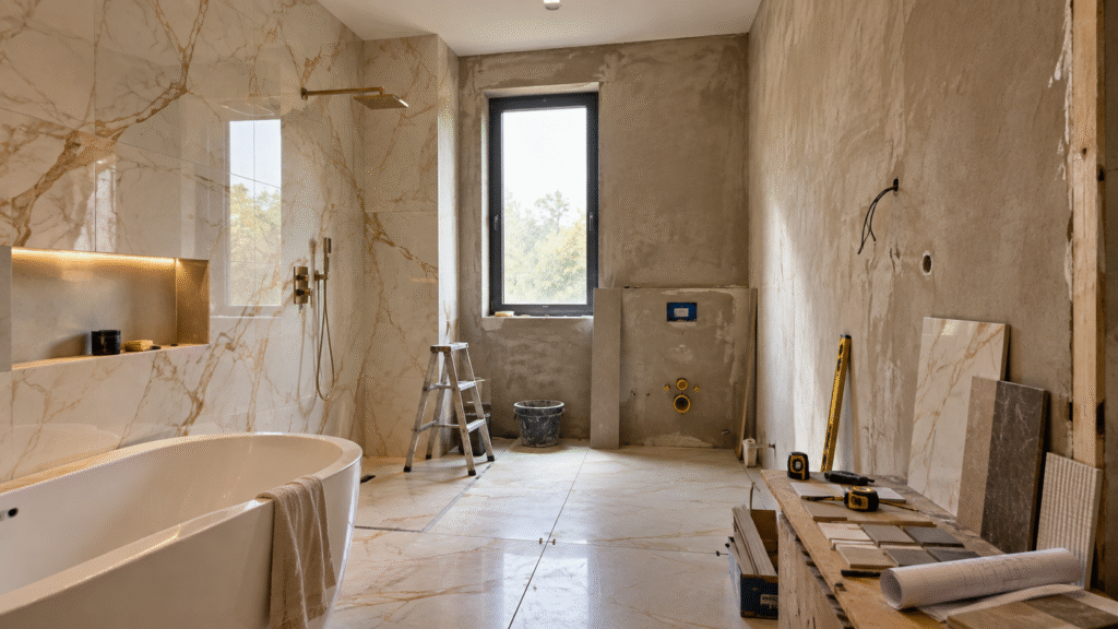 Luxury bathroom mid-renovation with marble-look porcelain wall tiles, unfinished plaster walls, exposed plumbing, tile samples, and construction tools arranged in a bright, warm neutral interior.