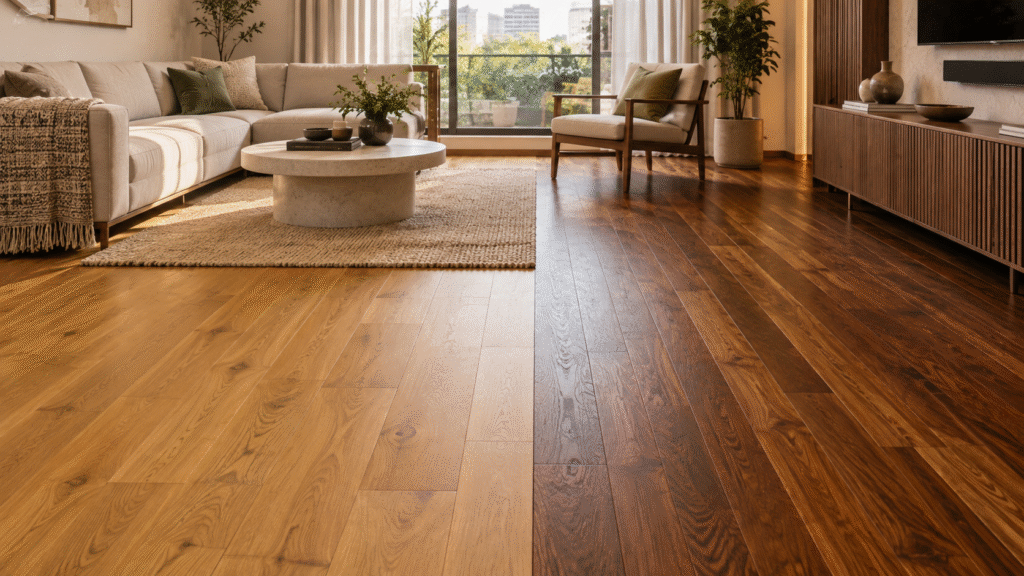 Modern living room with a split wood flooring design, featuring warm honey-toned light wood on one side and rich dark hardwood on the other, highlighted by natural sunlight, minimal furniture, and visible wood grain textures.