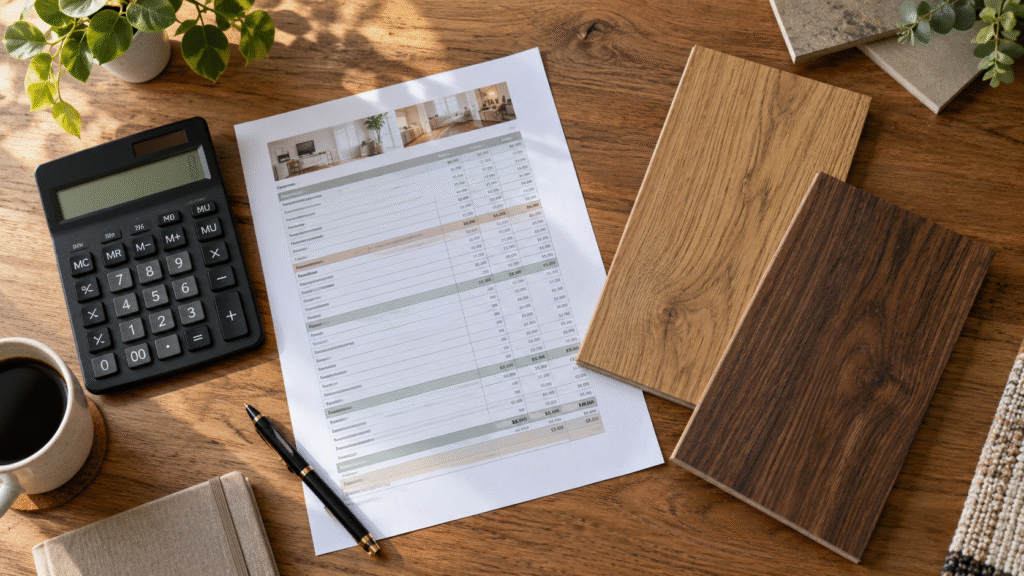 Overhead view of a calculator, printed budget spreadsheet, and light and dark wood flooring samples arranged on a wooden table in warm natural sunlight.