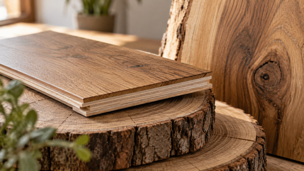 Close-up of an engineered wood flooring sample resting on raw timber cross-sections, highlighting its layered construction, detailed wood grain, bark texture, and natural growth rings in warm daylight.