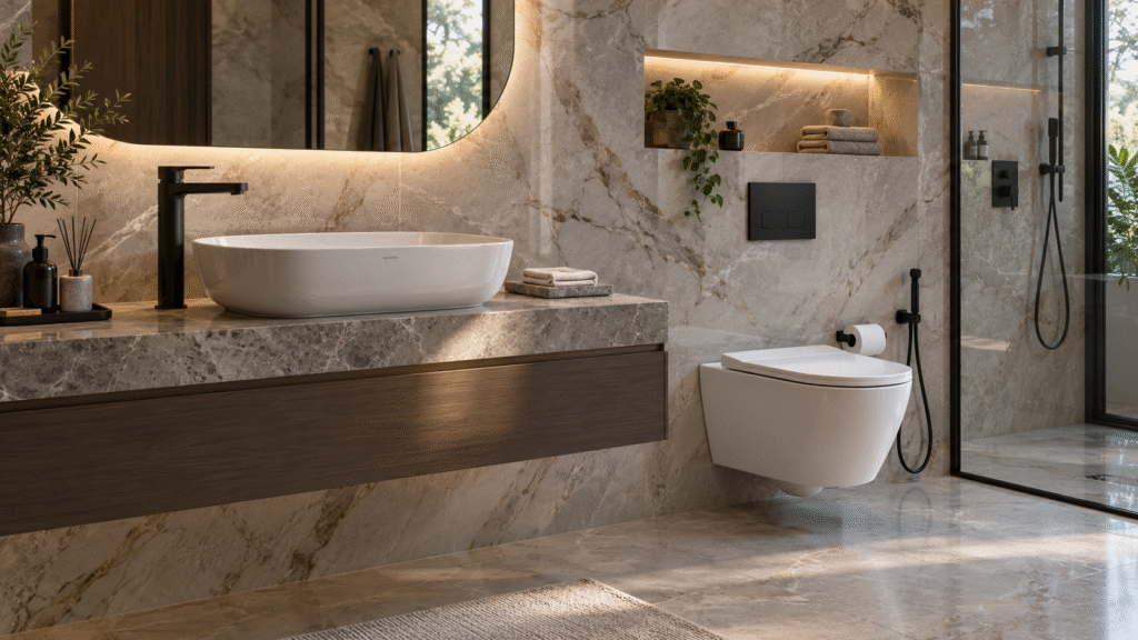 Luxury bathroom with a designer basin, matte-black faucet, wall-hung toilet, marble-look porcelain walls, warm lighting, and elegant modern finishes.