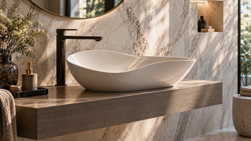 Close-up of a sculptural white designer basin with a distinctive curved silhouette on a floating vanity, set against a marble-look wall with a matte-black faucet and soft natural daylight.
