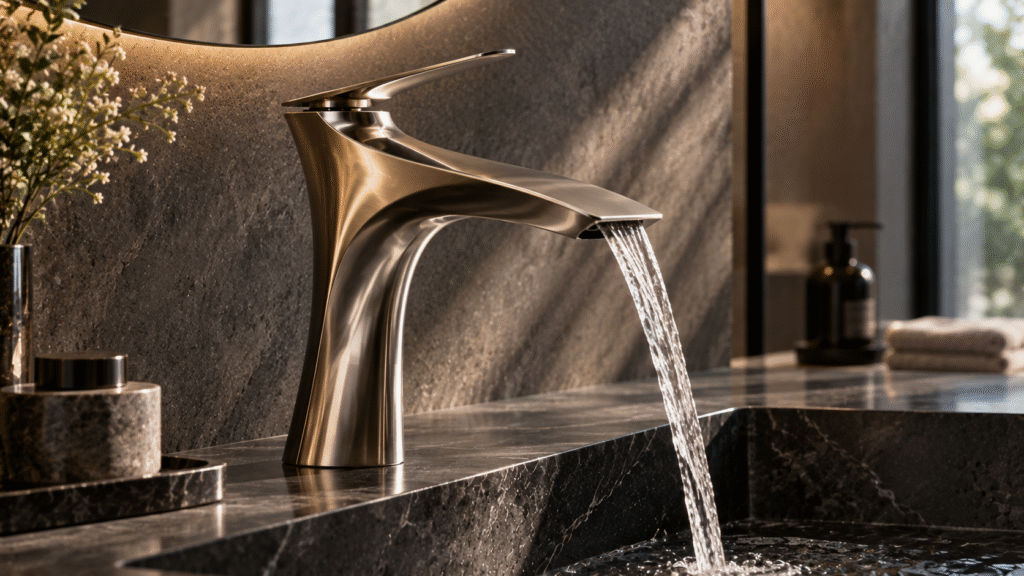 Close-up of a sculptural bronze designer faucet with flowing water, mounted on a dark stone countertop and highlighted by dramatic side lighting.