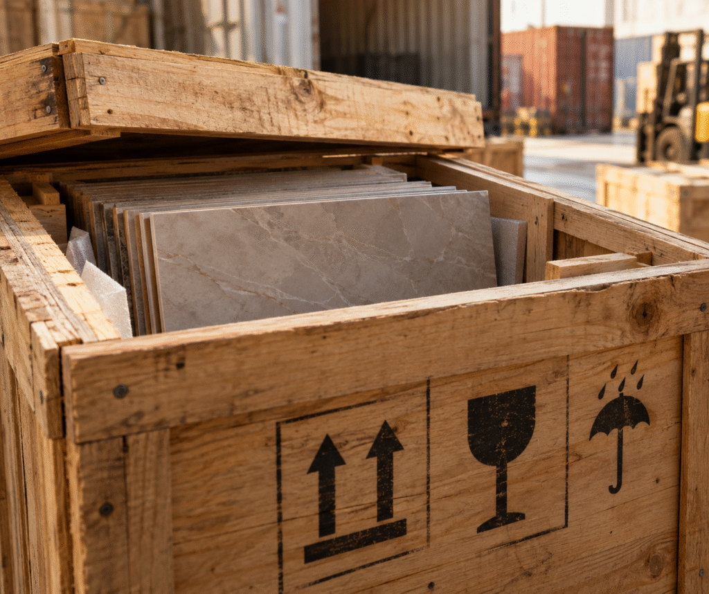 Wooden shipping crate with handling marks, partially opened to reveal stacked imported tiles inside a warehouse.