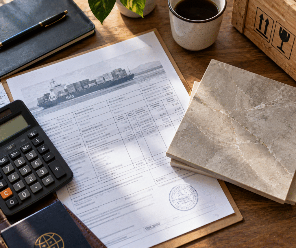 Flat-lay of customs paperwork, calculator, and tile samples on a wooden desk, representing tile import costs and documentation.