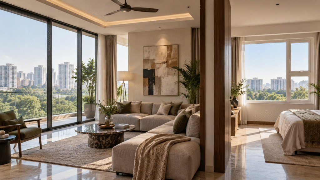 Modern Indian living room and bedroom with contrasting slim aluminium and white uPVC windows, warm neutral interiors, floor-to-ceiling glazing, and soft natural daylight.