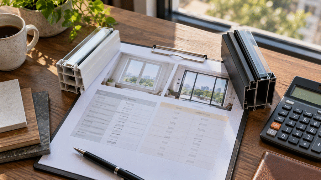 Flat-lay of a window installation comparison sheet with white uPVC and dark aluminium frame samples, calculator, pen, and material swatches on a sunlit wooden desk.