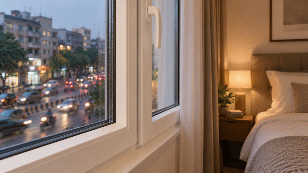 White uPVC window frame in a warm bedroom, with a blurred busy city street outside, highlighting sound and thermal insulation.