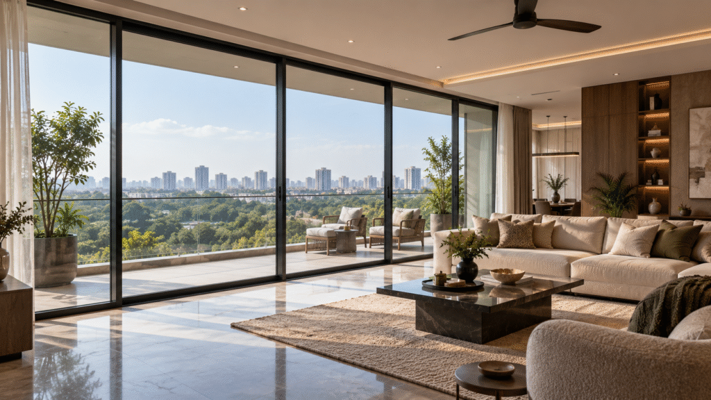 White uPVC window frame in a warm bedroom, with a blurred busy city street outside, highlighting sound and thermal insulation.