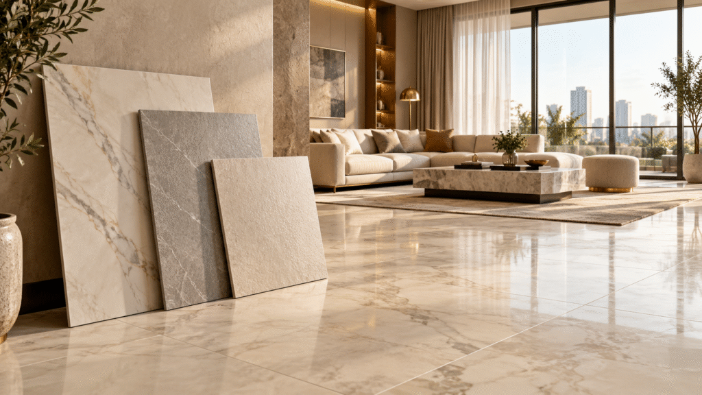 Luxury contemporary living room in Gurgaon featuring glossy ivory marble-look porcelain tile flooring, neutral furnishings, floor-to-ceiling windows, and premium porcelain tile samples in varied finishes.