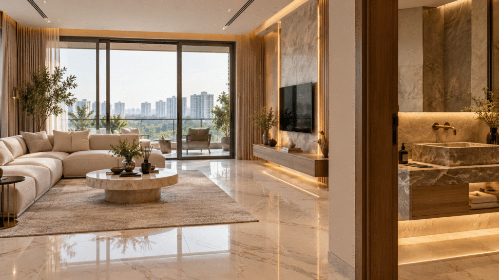 Luxury home interior in Gurgaon with marble-look tiles, engineered wood flooring and designer bathroom fittings