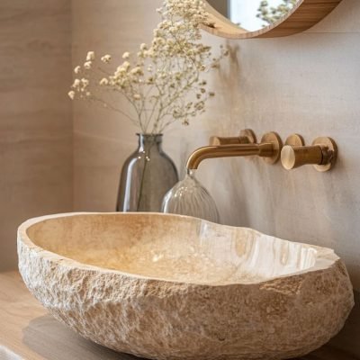 Elegant stone washbasin in modern bathroom | Элегантная каменная раковина в современном ванной Elegant stone washbasin in modern bathroom | Элегантная каменная раковина в современном ванной